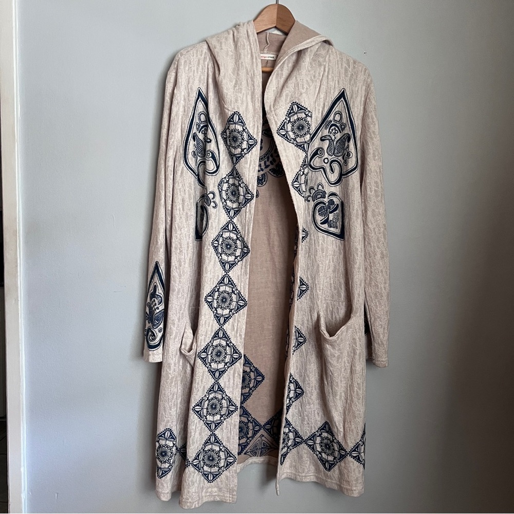 Orange Creek Cream & Blue Embroidered Bohemian Long Cardigan Hoodie One Size EUC